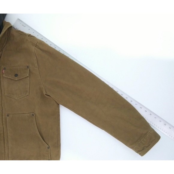 Levis Jacket Men's Medium Brown Lined Zip Snap Canvas Hoodie Trucker Coat - Picture 9 of 10